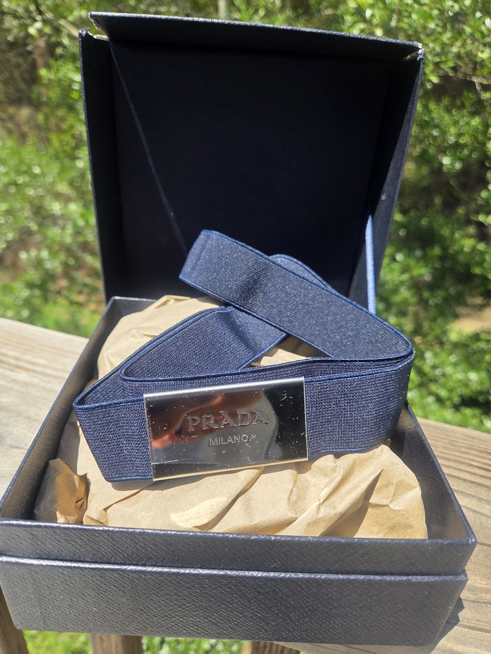 Prada Navy Elastic Logo Belt with Polished Silver Buckle
